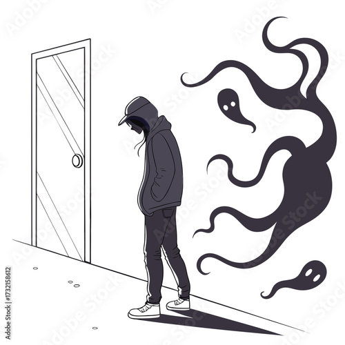 A hooded figure stands before a doorway, haunted by shadowy specters, symbolizing the burden of mental health and the struggle against inner demons