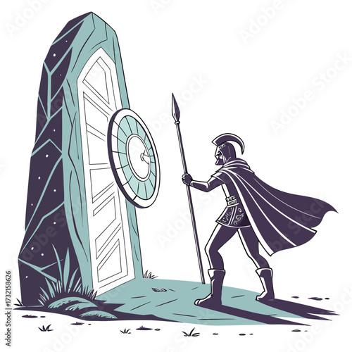 A spartan warrior stands guard before a mystical portal, his spear and shield ready as he defends the gateway against unseen threats from other dimensions
