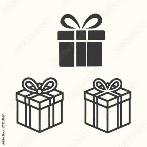 Vector art of three stylized gift boxes with ribbons and bows, presented in a simple, graphic, and iconic illustration style, conveying celebration and surprise