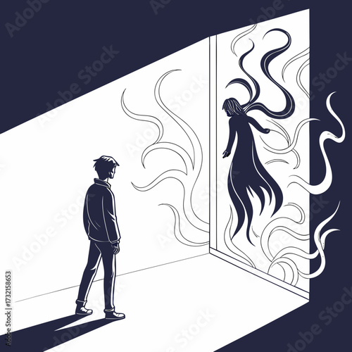 A person stands before a doorway to another dimension, where a ghostly figure emerges, creating a sense of mystery, intrigue, and the unknown