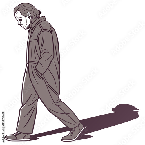 A menacing figure walks with a shadow, embodying the essence of horror, fear, and the unknown, , creating a chilling and unforgettable image