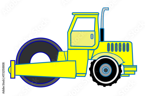 Bright yellow road roller machine on a black background
