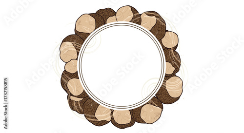 A circular arrangement of brown nuts with a white border and inner circle decoration.