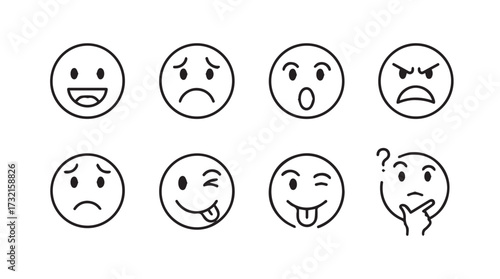 Collection of hand drawn emoji faces expressing various emotions and feelings for feedback and communication vector