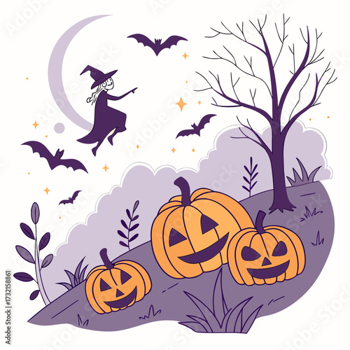 A whimsical halloween night scene featuring a witch flying on her broomstick across the moonlit sky, pumpkins glowing on a hill, and bats fluttering around a bare tree