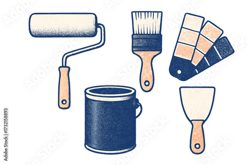 Essential painting tools and supplies including rollers, brushes, paint cans, and palettes for home renovation, artistic projects, and DIY tasks