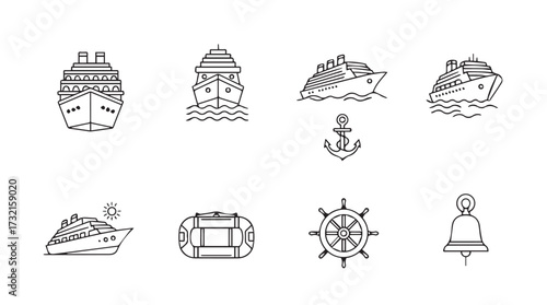 Collection of nautical cruise ship icons and maritime symbols for travel and ocean voyages vector