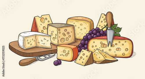 An abundant collection of delicious and diverse cheeses is artfully arranged with grapes and cheese tools.