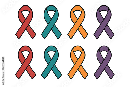 Set of eight distinct colored awareness ribbons symbolizing support for various causes and health conditions