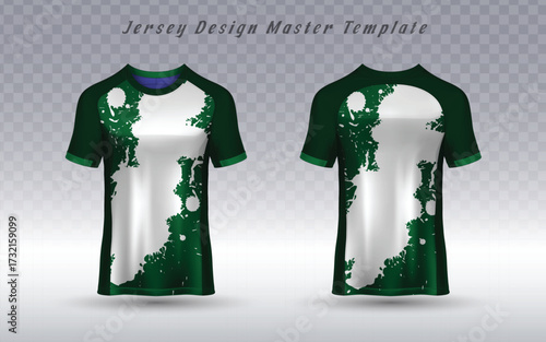 T-shirt mockup with a green and white abstract paint-splatter pattern. Ideal for custom team jerseys, sports apparel, or bold activewear, offering a modern and energetic athletic design.