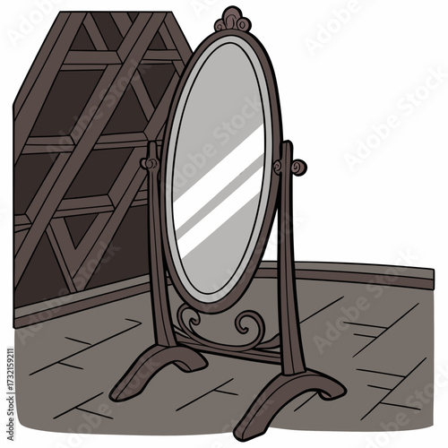 A charming cartoon illustration of a freestanding mirror reflecting the attics rustic interior, capturing the essence of vintage style and forgotten spaces