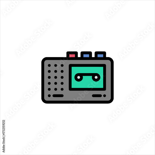 Retro cassette player displaying tape in gray casing with red and blue buttons representing vintage technology, evoking nostalgia.