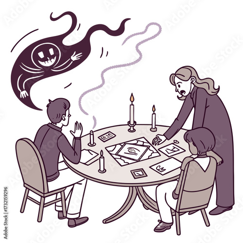 A group of people is conducting a seance to summon a ghost, they are sitting around a table with candles and cards, while a ghost appears
