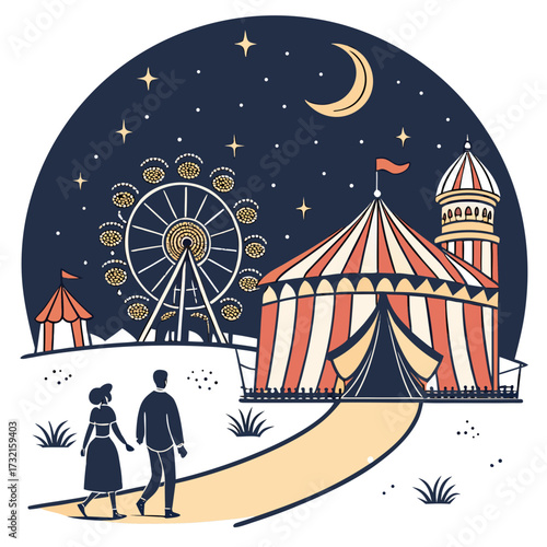 Romantic amusement park at night illustration with a ferris wheel, circus tent, couple walking, moon, and stars a dreamy and enchanting scene