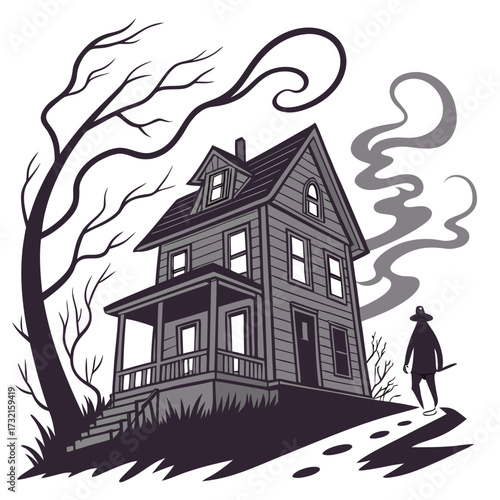 An eerie twostory house stands silhouetted against a stark, a lone figure approaching with an ominous presence, evoking a sense of mystery and foreboding