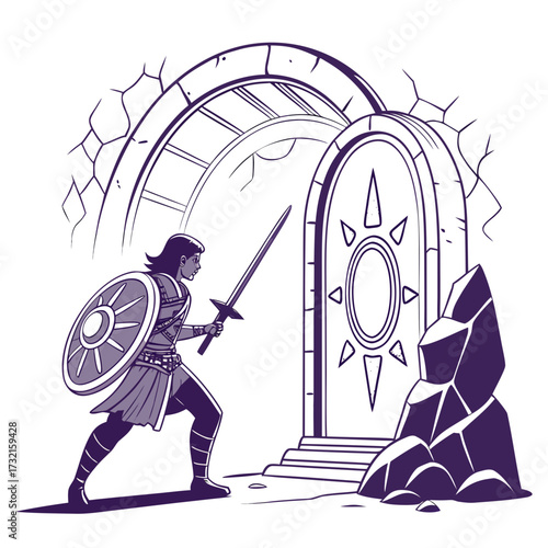 Brave warrior stands guard before a mystical portal, sword in hand, shield raised, ready to face the unknown dangers beyond