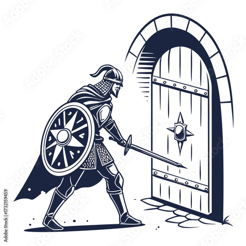 Valiant knight stands ready before a fortified gate, sword drawn, shield emblazoned, prepared to defend against any threat