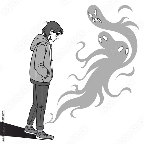 Troubled teen haunted by inner demons, shadowed by spectral figures, struggling with anxiety and depression