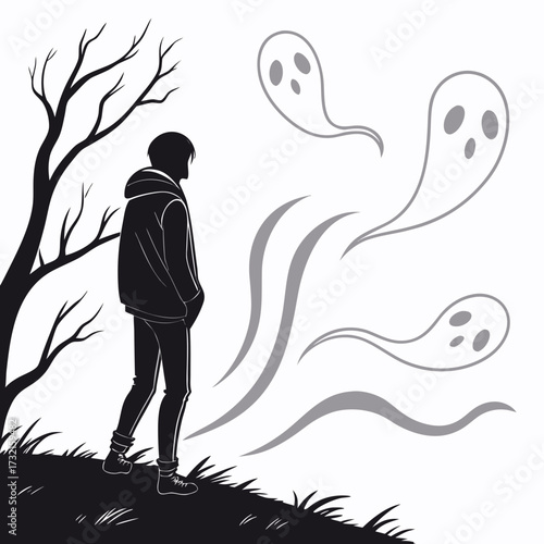 A lonely man in a hoodie stands on a hill under a bare tree, haunted by three ghostly apparitions, a poignant scene of solitude and spectral presence