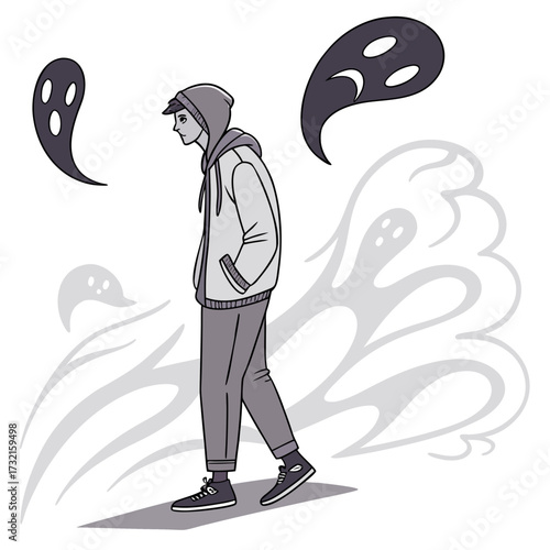 A sad young man in a hoodie walks alone, surrounded by ghostly figures, conveying feelings of loneliness, depression, and anxiety in a minimalist, monochromatic illustration