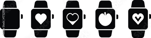 Smartwatch icon set, black wearable watch vector collection and fitness tracker group in flat style, heart rate monitor, time, tech gadget symbol pack, minimal outline design