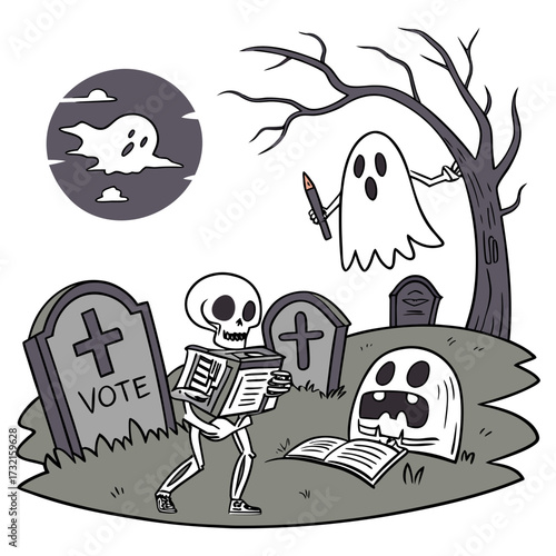 A spooky halloween scene featuring a skeleton voting in a graveyard with ghosts, tombstones, and a full moon