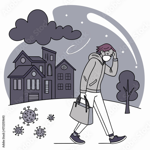 A worried man wearing a face mask walks home with shopping bags during the coronavirus pandemic, with virus molecules floating in the air and dark clouds looming above