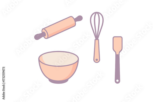 Set of essential baking tools including a rolling pin, whisk, mixing bowl, and spatula for cooking