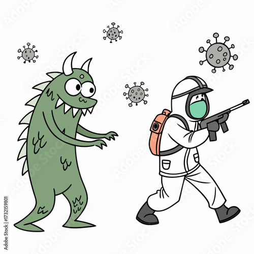 A hazmat suitclad individual bravely confronts a cartoon monster amidst floating virus particles, , symbolizing the fight against the pandemic