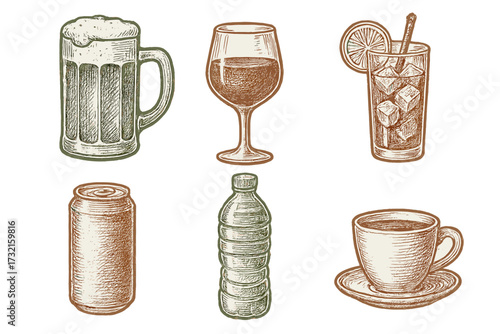 Assortment of popular beverages and drink containers including beer mug, wine glass, coffee cup, soda can, water bottle, and cocktail