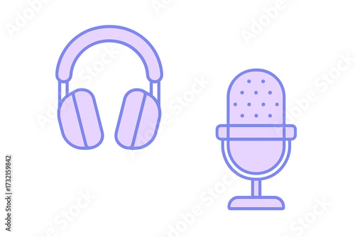 Minimalist headphones and microphone symbols for audio recording, listening, and broadcasting applications