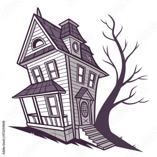 A spooky old haunted house with a crooked silhouette and a bare tree, perfect for halloween or a gothicthemed illustration