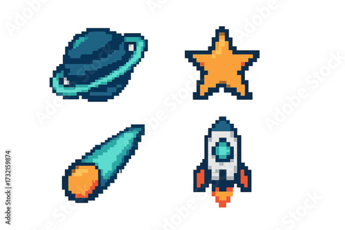 Collection of pixel art style space elements including a ringed planet, shining star, fast comet, and a launching rocket