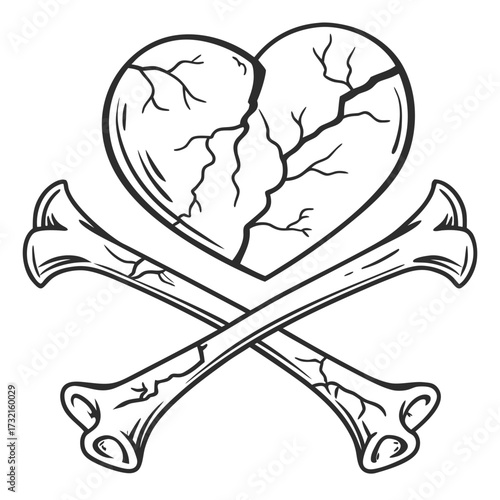 Broken heart with bones a symbol of lost love, pain, or death vector illustration for tattoo, sticker, print, or other design purposes
