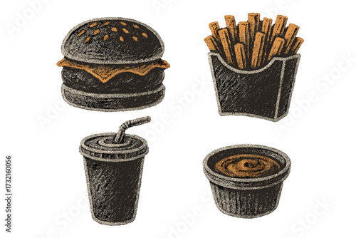 Classic fast food meal set including a hamburger, crispy french fries, a refreshing soda drink, and a delicious dipping sauce