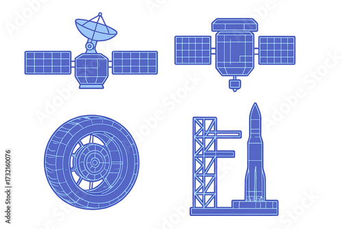 Space exploration and transportation technology elements including satellites, a launch rocket, and a vehicle wheel