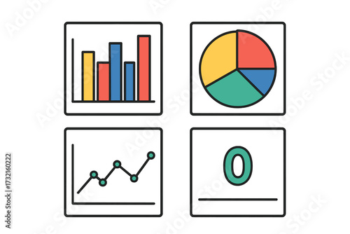 Data visualization elements with bar chart, pie chart, line graph, and zero symbol for statistical analysis