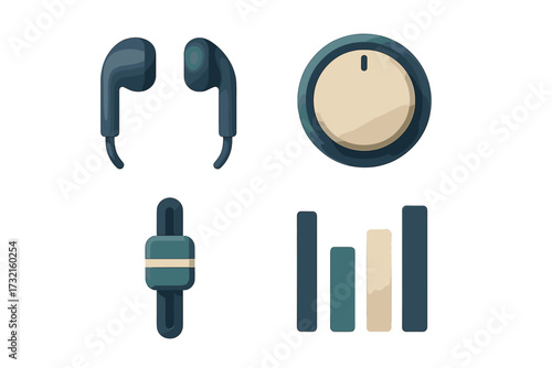 Modern digital audio interface elements featuring wireless earbuds, a circular volume knob, vertical slider, and sound equalizer bars