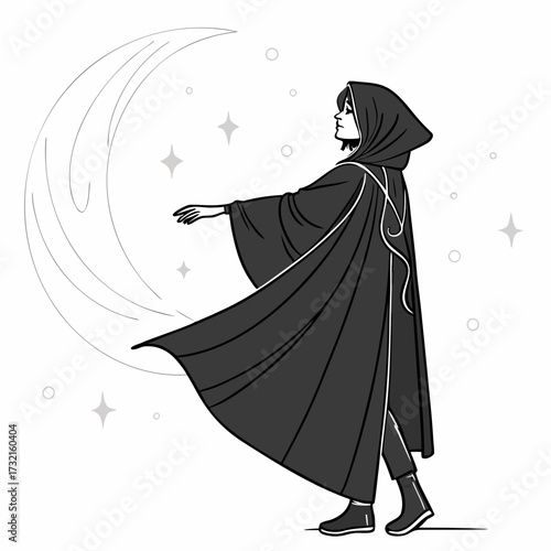 Illustration of a person in a cloak reaching for the moon and stars, in a mysterious and magical style
