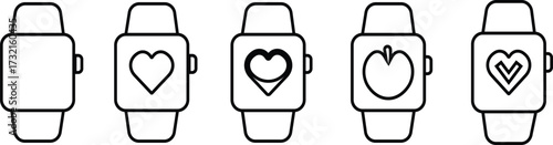 Smartwatch icon set, black wearable watch vector collection and fitness tracker group in line style, heart rate monitor, time, tech gadget symbol pack, minimal outline design
