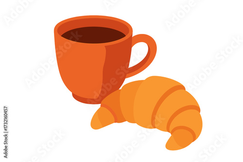 Delicious warm coffee in an orange ceramic mug next to a golden brown freshly baked croissant, perfect for a morning meal or snack