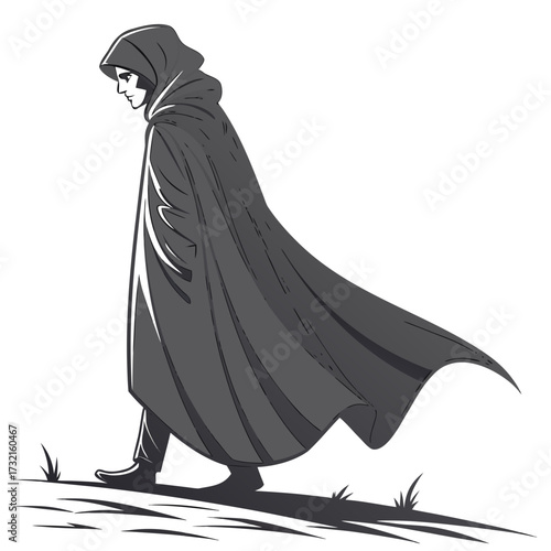 A mysterious figure in a hooded cloak walks with purpose, casting a long shadow on the ground, the scene evokes a sense of intrigue and solitude