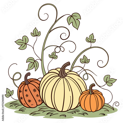 Charming illustration showcasing a trio of pumpkins nestled amidst lush vines and verdant leaves, capturing the essence of autumns bounty and natural beauty