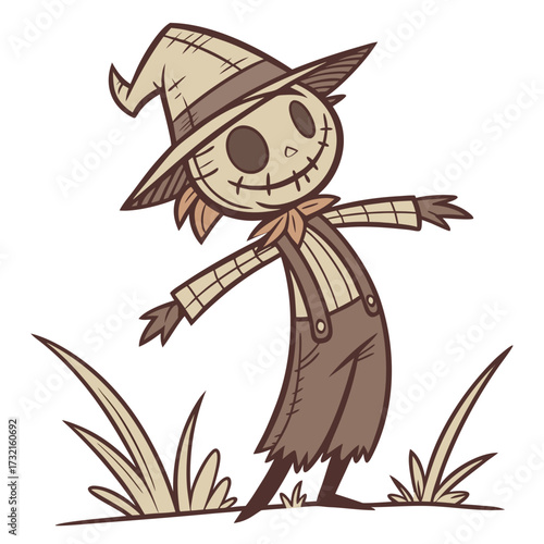 A charming scarecrow with a stitched smile stands amidst tall grass, wearing a patched hat and overalls, its whimsical design evokes autumn