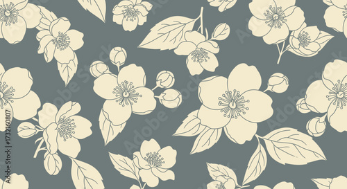 Floral pattern flowers, leaves, and buds on a grey background