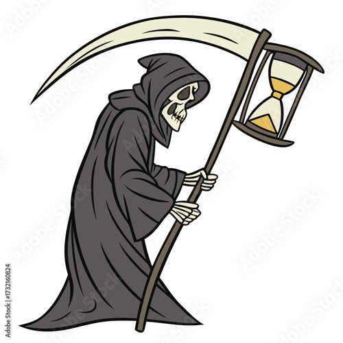 Grim reaper cartoon carrying a scythe and hourglass, representing the concept of death, time, and the end of existence in a symbolic manner