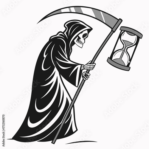 Monochrome grim reaper holding a scythe and hourglass, symbolizing mortality, the passage of time, and the inevitable end of life
