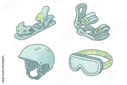 Comprehensive collection of winter sports equipment including ski bindings, snowboard bindings, protective helmet, and goggles for cold weather activities
