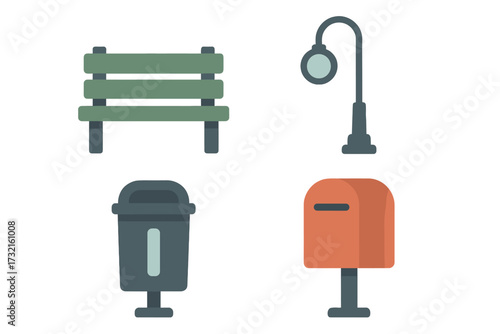 Collection of essential urban street furniture elements: park bench, street lamp, trash can, and mailbox