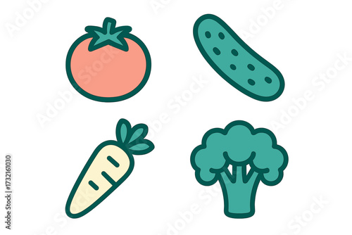 Assortment of fresh healthy vegetables including a ripe red tomato, green cucumber, orange carrot, and vibrant broccoli florets for a balanced diet